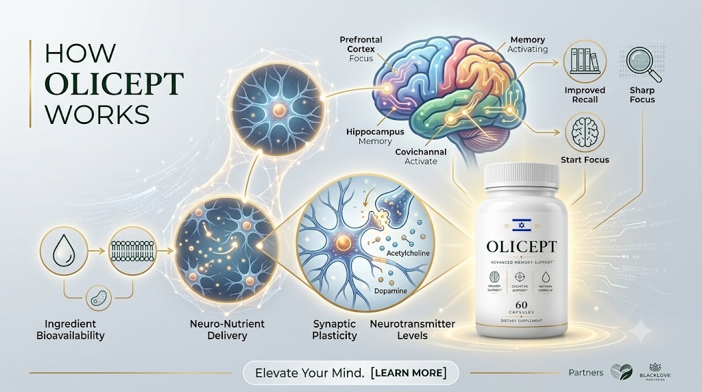 Graphic titled How Olicept Works showing a brain diagram, neurons, an Olicept bottle and the labels ingredient bioavailability, neuro-nutrient delivery, synaptic plasticity and neurotransmitter levels